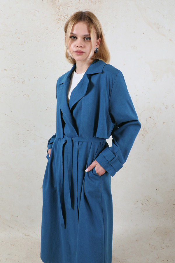 Kuşaklı Uzun Naturel Trençkot Lacivert - 5