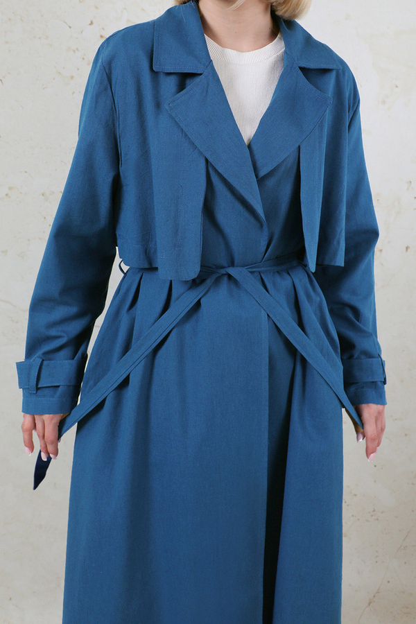 Kuşaklı Uzun Naturel Trençkot Lacivert - 6