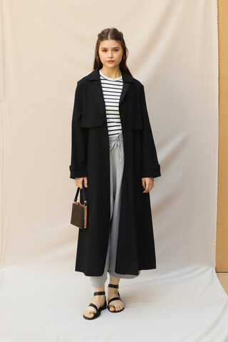 Kuşaklı Uzun Naturel Trençkot Siyah - 1