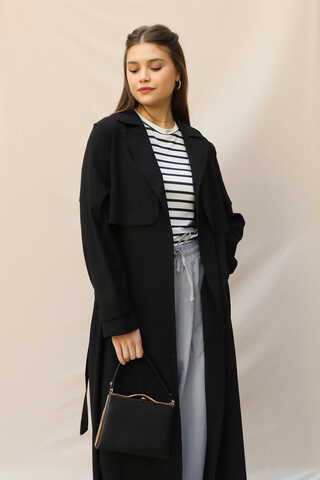 Kuşaklı Uzun Naturel Trençkot Siyah - 4