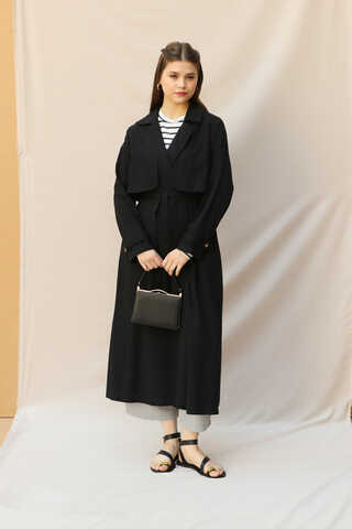 Kuşaklı Uzun Naturel Trençkot Siyah - 2