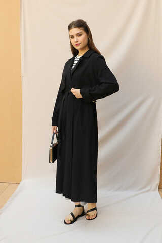 Kuşaklı Uzun Naturel Trençkot Siyah - 6