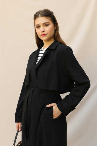 Kuşaklı Uzun Naturel Trençkot Siyah - 5