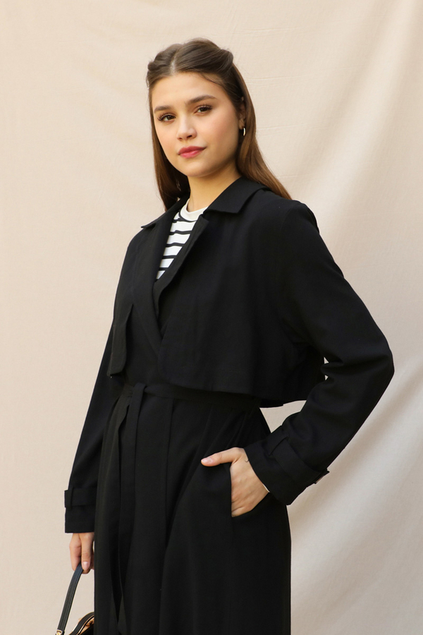 Kuşaklı Uzun Naturel Trençkot Siyah - 5