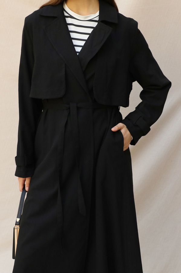 Kuşaklı Uzun Naturel Trençkot Siyah - 3