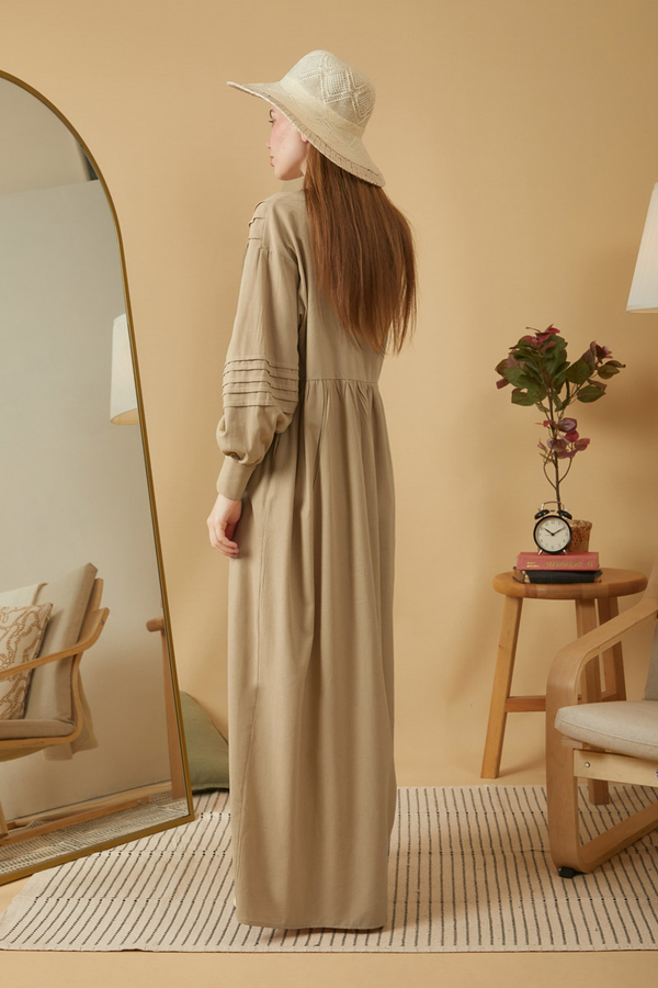 Lace and Pintuck Detailed Dress Beige - 6