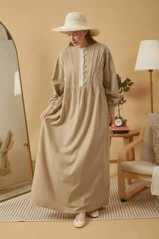Lace and Pintuck Detailed Dress Beige - 2