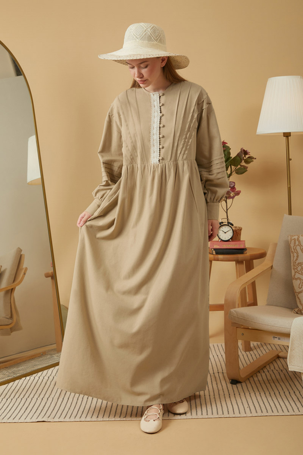 Lace and Pintuck Detailed Dress Beige - 2