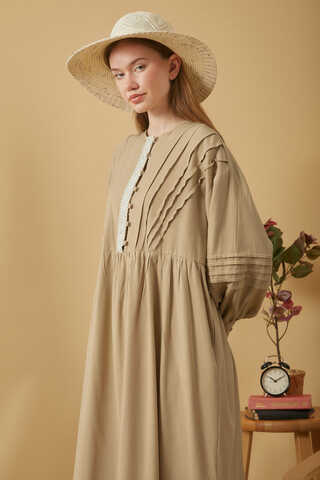 Lace and Pintuck Detailed Dress Beige - 4