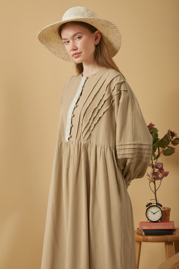Lace and Pintuck Detailed Dress Beige - 4