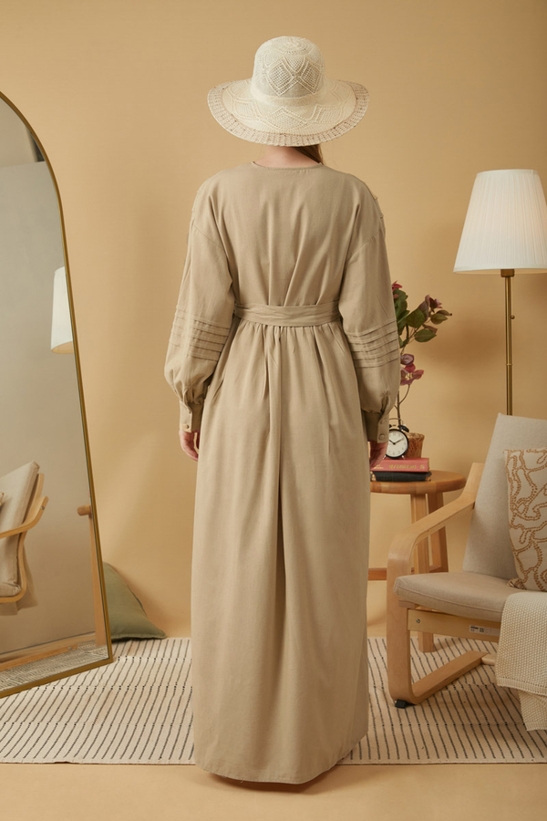 Lace and Pintuck Detailed Dress Beige - 8