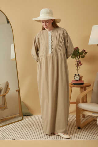 Lace and Pintuck Detailed Dress Beige - 7