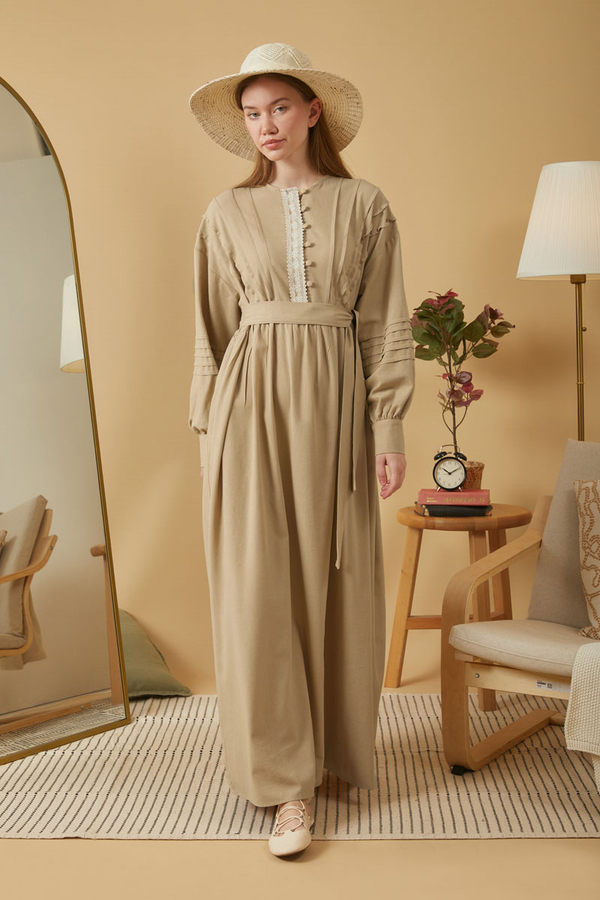 Lace and Pintuck Detailed Dress Beige - 10