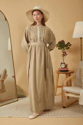 Lace and Pintuck Detailed Dress Beige - 11