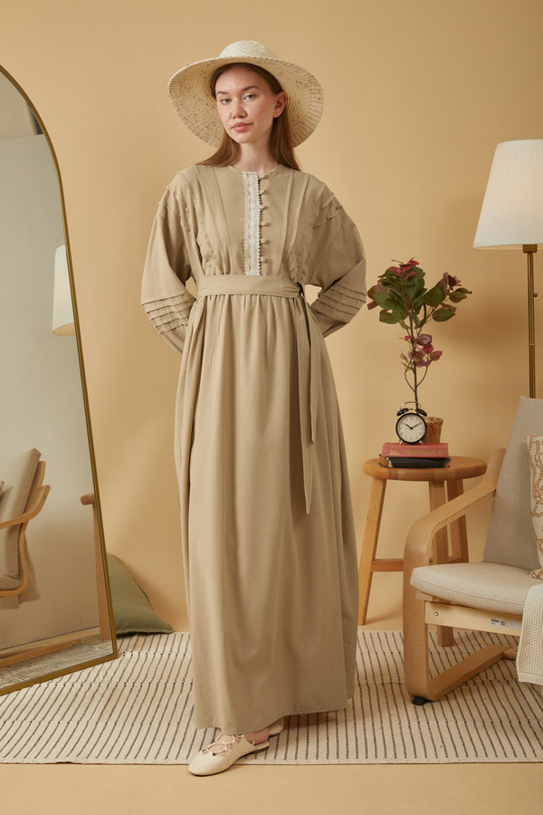 Lace and Pintuck Detailed Dress Beige - 11