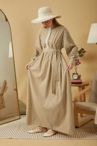 Lace and Pintuck Detailed Dress Beige - 12