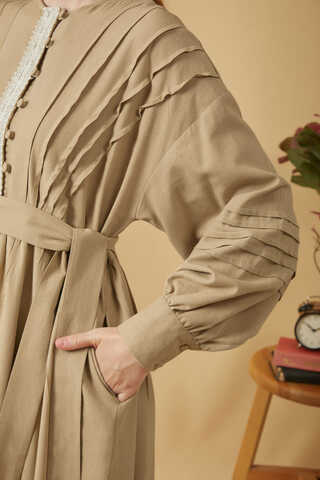 Lace and Pintuck Detailed Dress Beige - 14