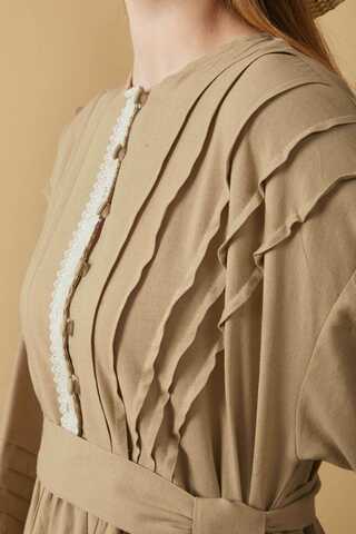 Lace and Pintuck Detailed Dress Beige - 15