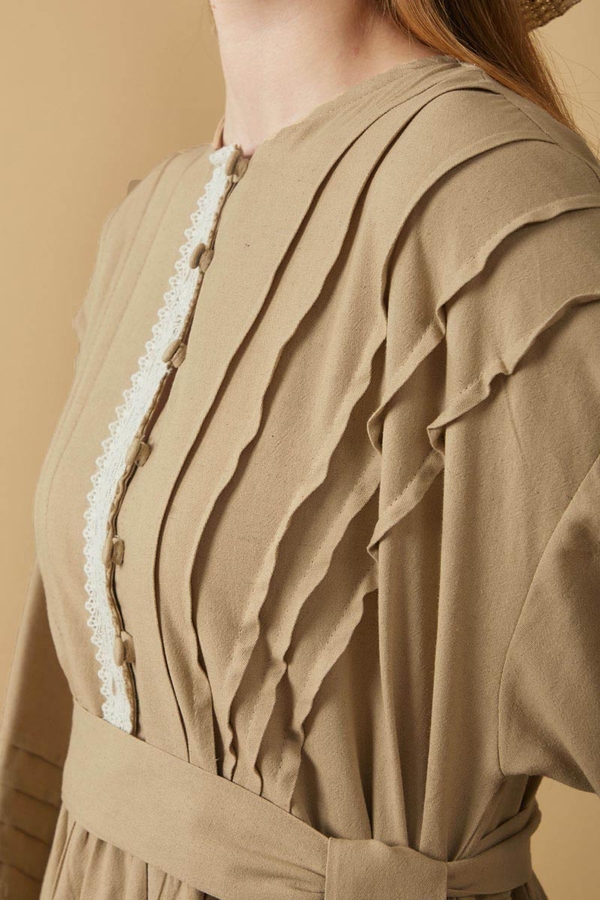Lace and Pintuck Detailed Dress Beige - 15