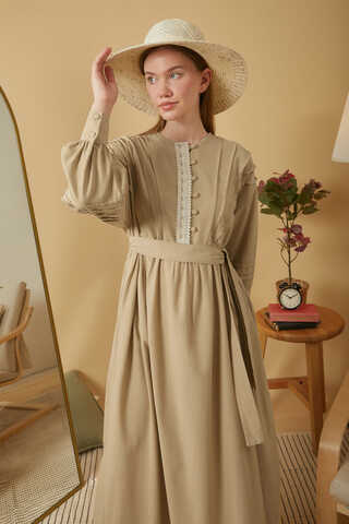 Lace and Pintuck Detailed Dress Beige - 16