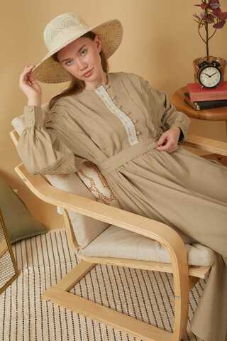 Lace and Pintuck Detailed Dress Beige - 3