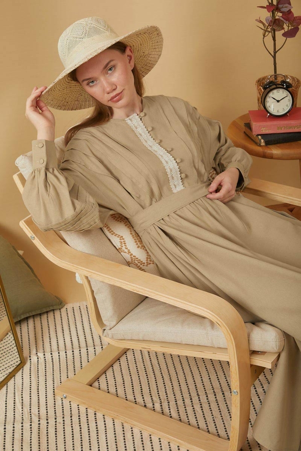 Lace and Pintuck Detailed Dress Beige - 3