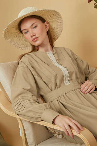 Lace and Pintuck Detailed Dress Beige - 18