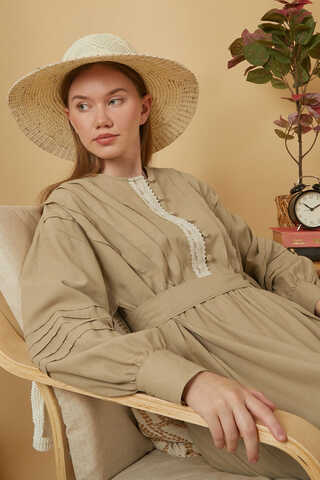 Lace and Pintuck Detailed Dress Beige - 19