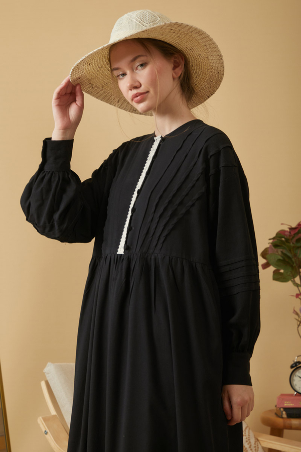 Lace and Pintuck Detailed Dress Black - 6