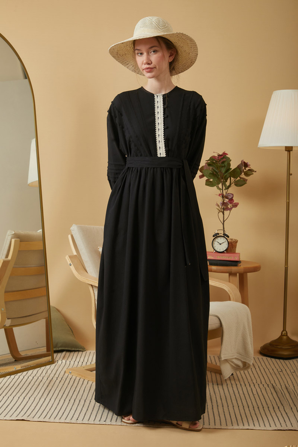 Lace and Pintuck Detailed Dress Black - 7