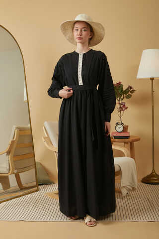 Lace and Pintuck Detailed Dress Black - 1