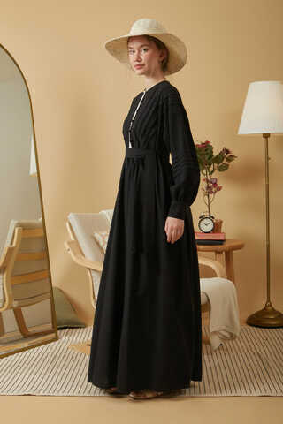 Lace and Pintuck Detailed Dress Black - 8