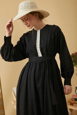 Lace and Pintuck Detailed Dress Black - 9