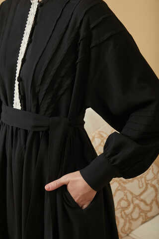 Lace and Pintuck Detailed Dress Black - 13