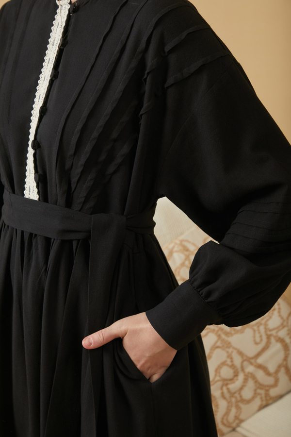 Lace and Pintuck Detailed Dress Black - 13