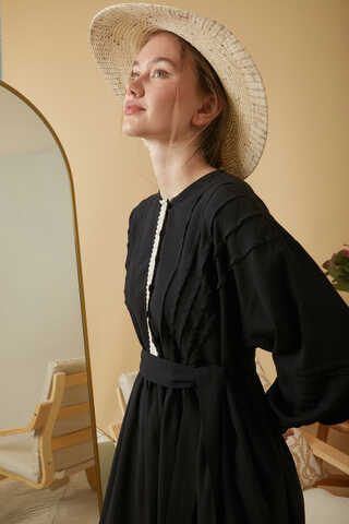 Lace and Pintuck Detailed Dress Black - 2