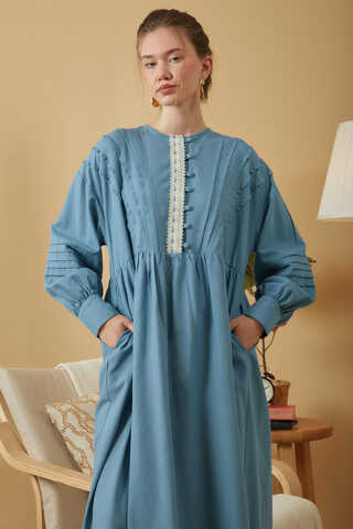 Lace and Pintuck Detailed Dress Blue - 5