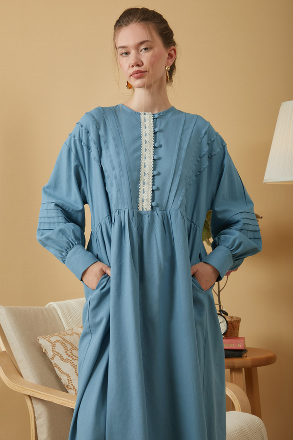 Lace and Pintuck Detailed Dress Blue - 5