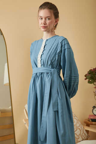 Lace and Pintuck Detailed Dress Blue - 2