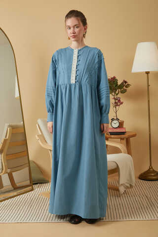 Lace and Pintuck Detailed Dress Blue - 4