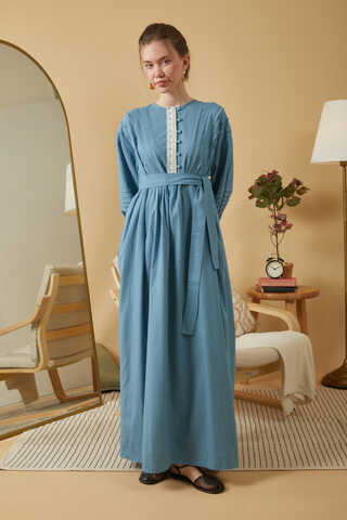 Lace and Pintuck Detailed Dress Blue - 1