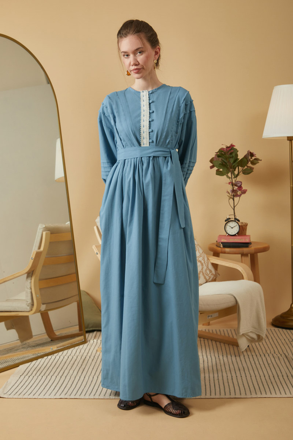 Lace and Pintuck Detailed Dress Blue 