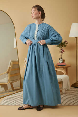 Lace and Pintuck Detailed Dress Blue - 6