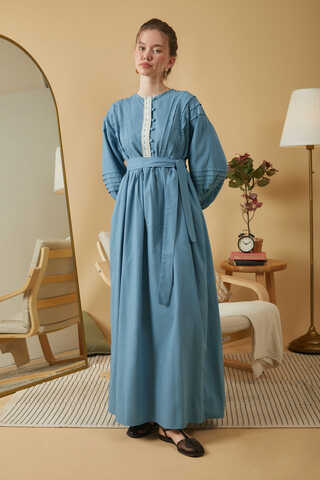 Lace and Pintuck Detailed Dress Blue - 7