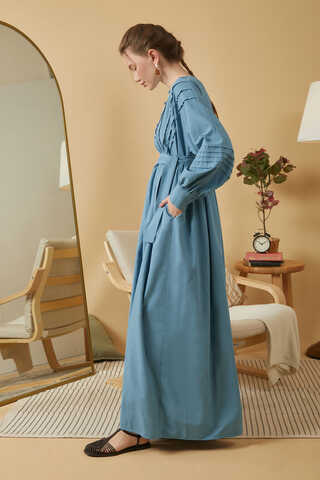 Lace and Pintuck Detailed Dress Blue - 8