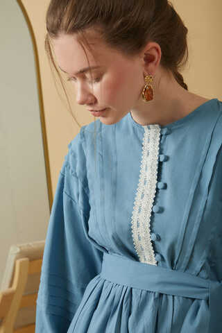 Lace and Pintuck Detailed Dress Blue - 3