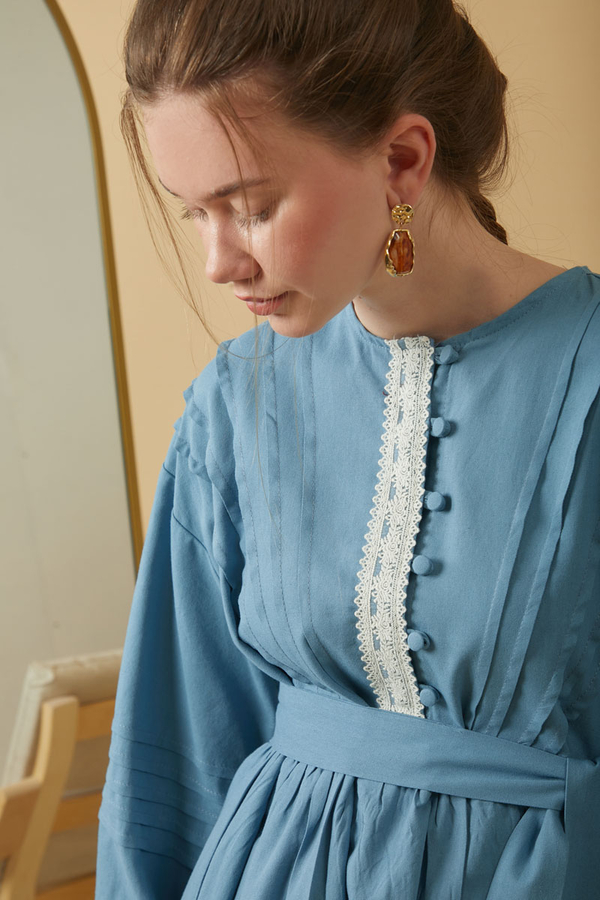 Lace and Pintuck Detailed Dress Blue - 3