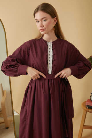 Lace and Pintuck Detailed Dress Burgundy - 1