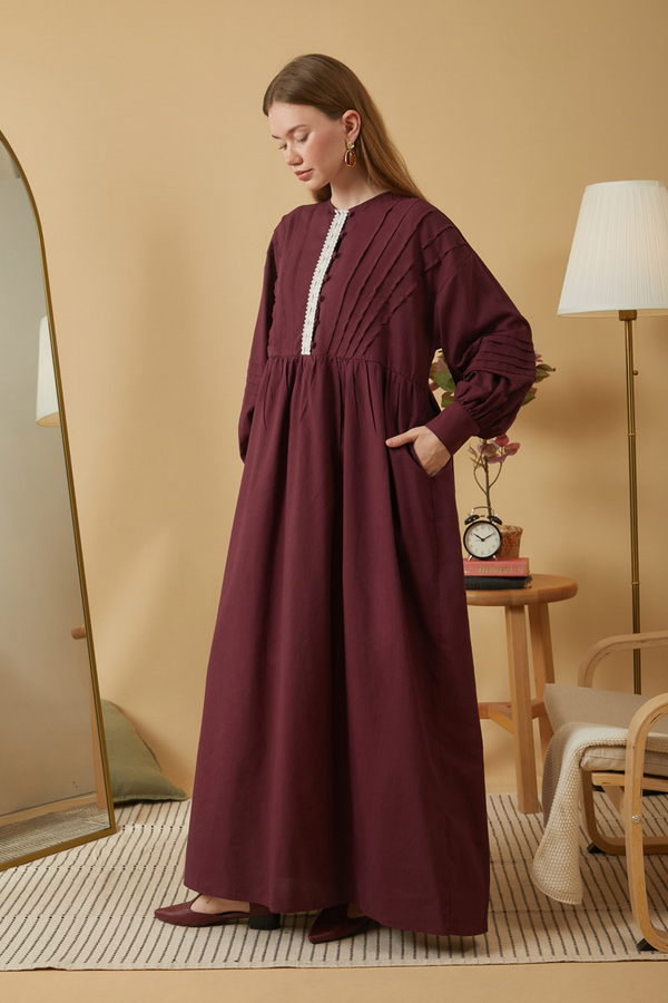 Lace and Pintuck Detailed Dress Burgundy - 4