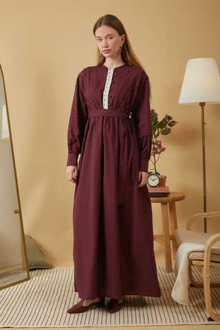 Lace and Pintuck Detailed Dress Burgundy - 5